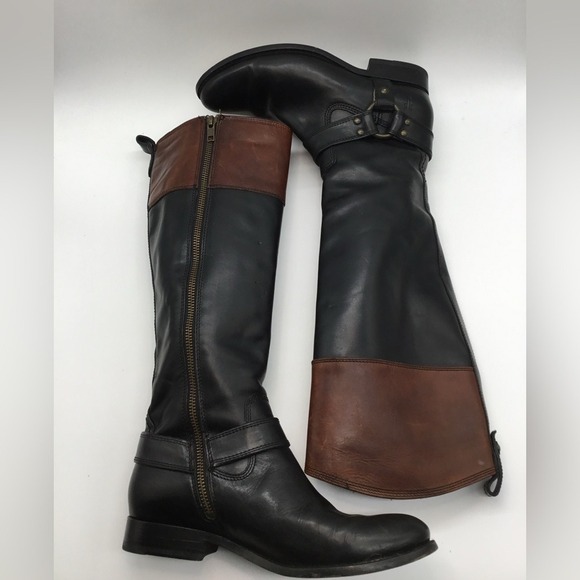 Frye Melissa Black and Brown Tall Inside Zip Riding Boots